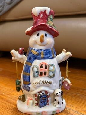 Ceramic Snowman Holiday Tealight Candle holder with Red Hat and Blue Scarf